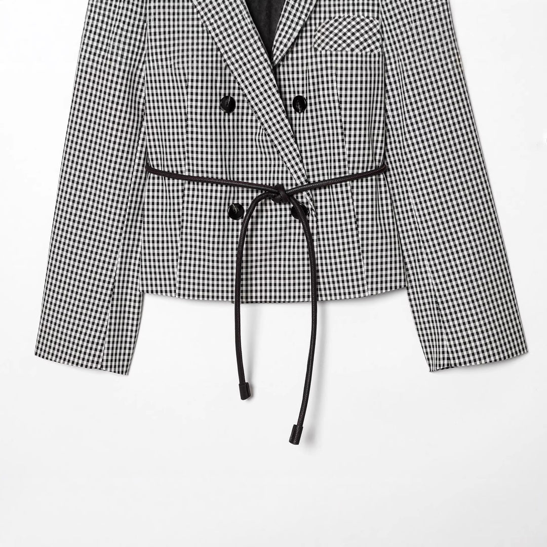 Women's fitted double-breasted blazer with drawstring and checked pattern Mune Fashion