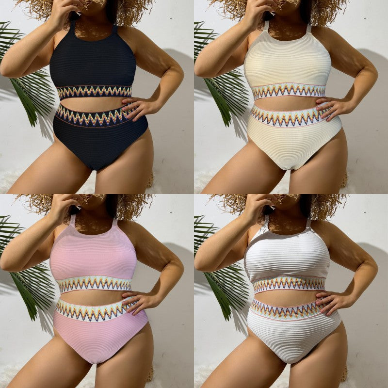 Ladies Sporty Two-Piece Swimsuit with Unique Cut-Out Design and Colorful Banner Pattern Mune Fashion