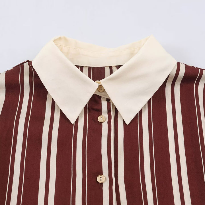 Women's striped shirt dress with contrast collar, three-quarter sleeves, and waist belt Mune Fashion