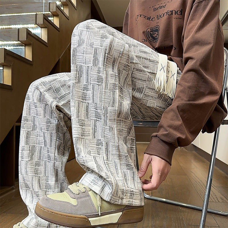 Men's Wide Structured Linen Look Pants with Relaxed Silhouette and Graphic Pattern Mune Fashion