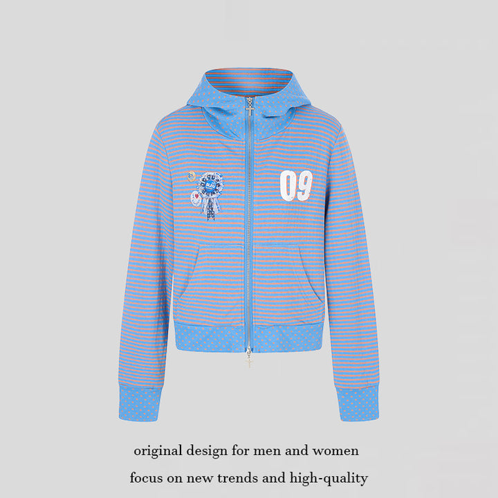 Women's Short Hoodie Sweat Jacket in Stripe Mix with Full Zipper and Placket Application Mune Fashion