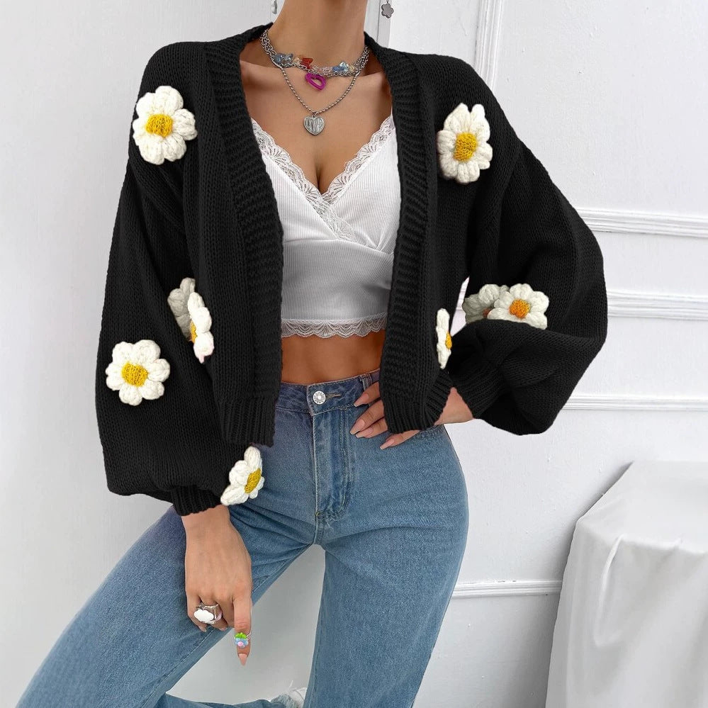 Women's Short-Cut Chunky Knit Cardigan with 3D Flower Applications Mune Fashion