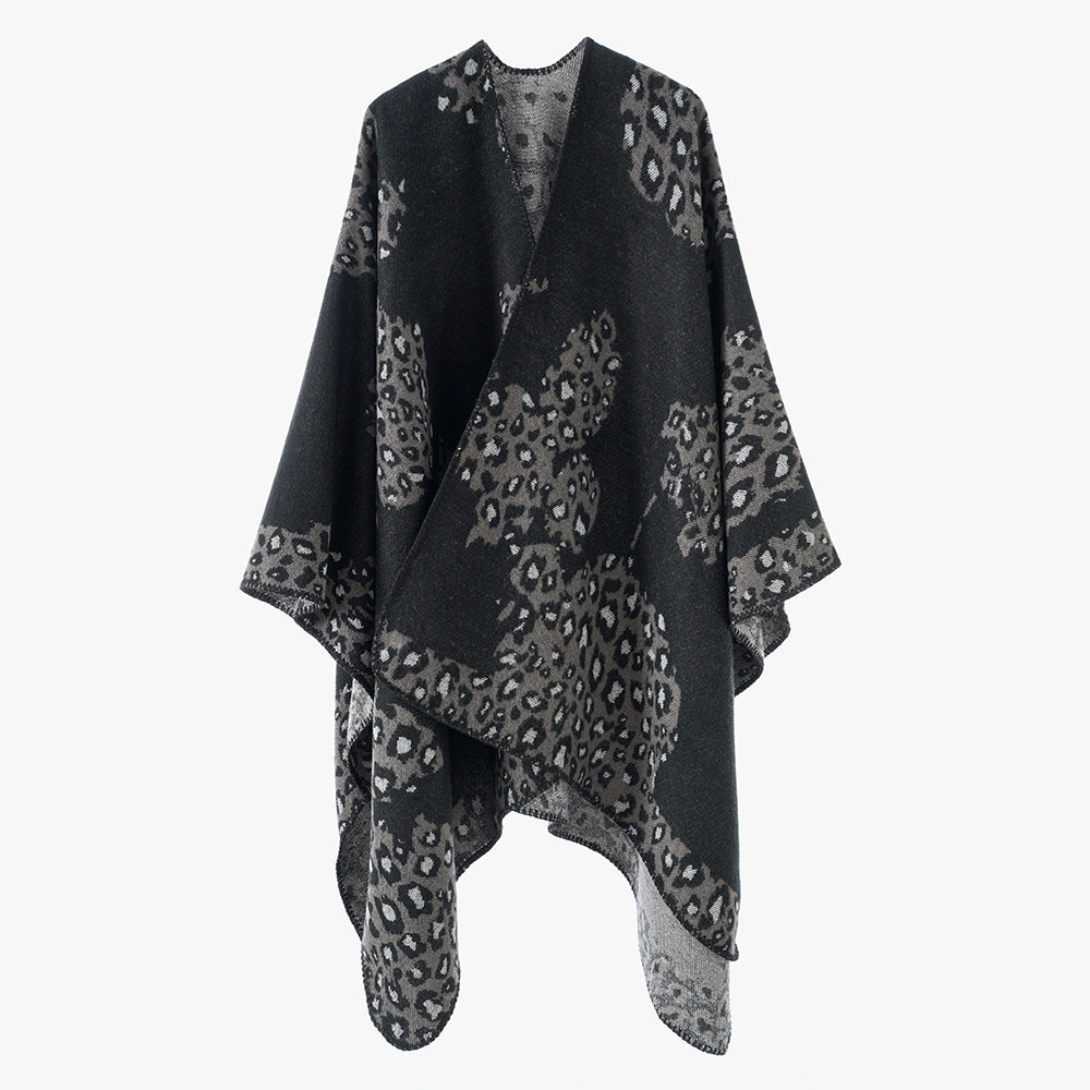 Women's wool look throw with woven leopard jacquard and open pointed edge Mune Fashion