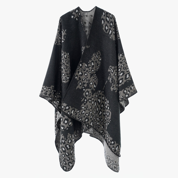 Women's wool look throw with woven leopard jacquard and open pointed edge Mune Fashion