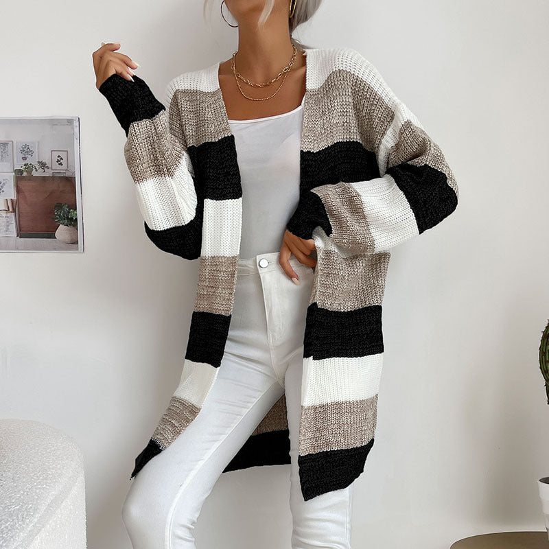 Women's Long Oversized Knit Cardigan with Block Stripes and Open Front Mune Fashion