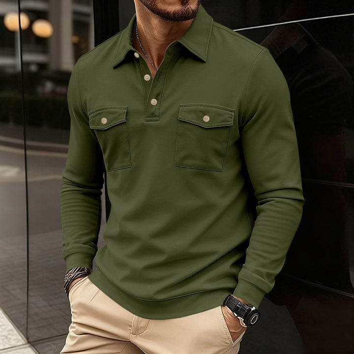 Men's fitted long sleeve polo shirt with shirt collar and applied breast pockets Mune Fashion