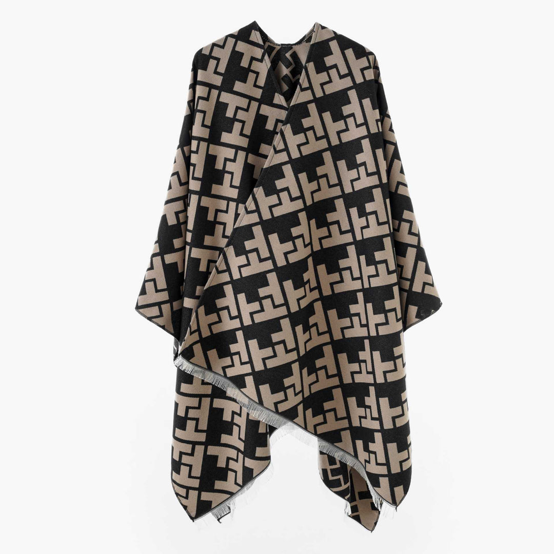 Women's Oversize Cape with Geometric Jacquard and Fringe Hem Mune Fashion