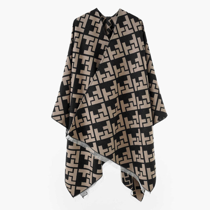 Women's Oversize Cape with Geometric Jacquard and Fringe Hem Mune Fashion