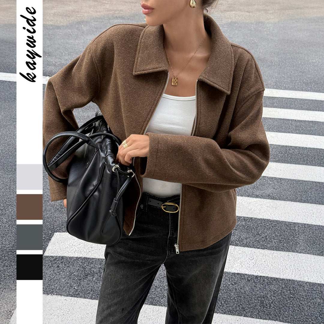 Women's cashmere-like wool jacket with full zip, oversized cut and shirt collar Mune Fashion