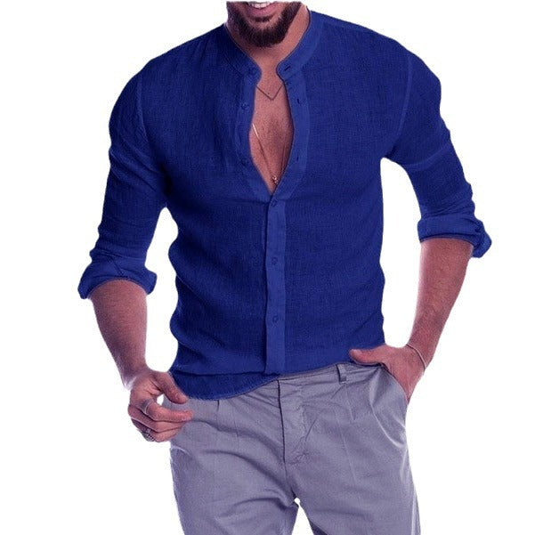 Men's linen shirt with stand-up collar, continuous button placket, and casual slim-fit cut Mune Fashion
