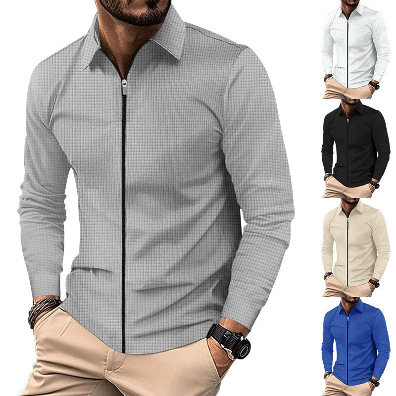 Men's structured long-sleeve polo in waffle knit with shirt collar and narrow shoulder section Mune Fashion