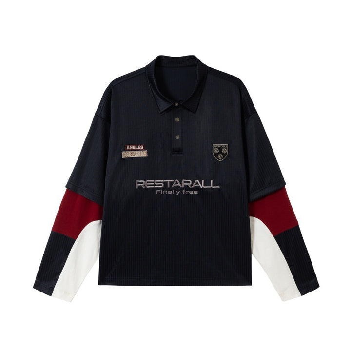 Unisex Long Sleeve Rugby Polo in Oversized Cut with Colorblock Sleeves and Logo Embroidery Mune Fashion