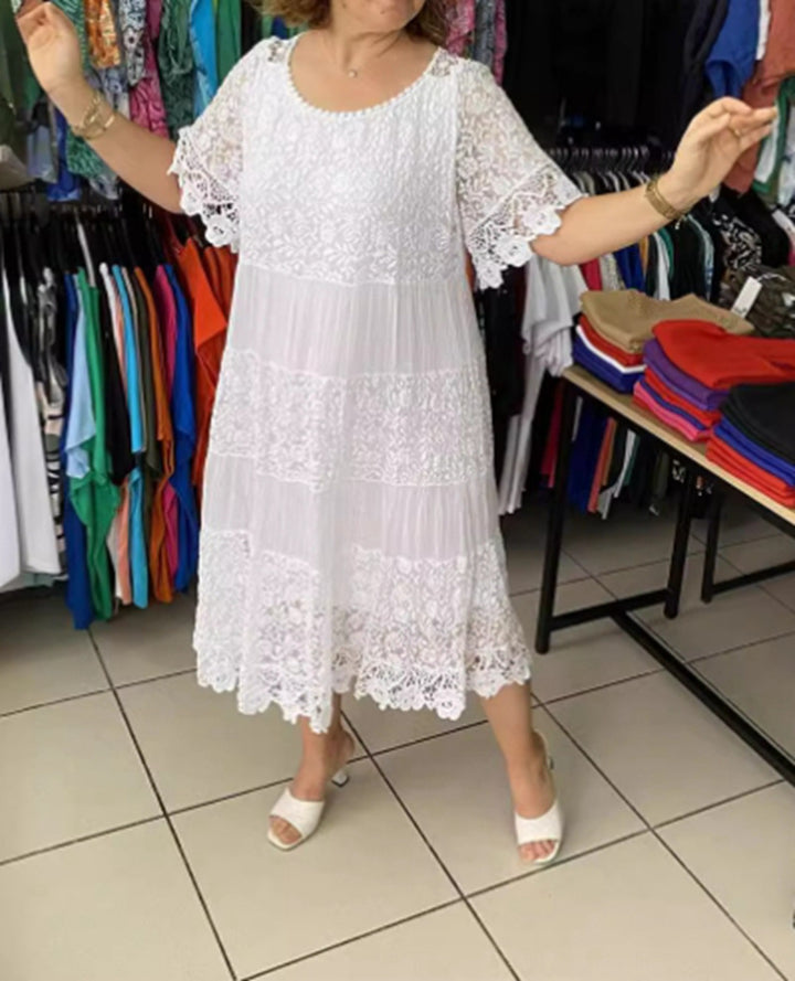 Women's multi-layered lace midi dress with pleated inserts and flounce sleeves Mune Fashion