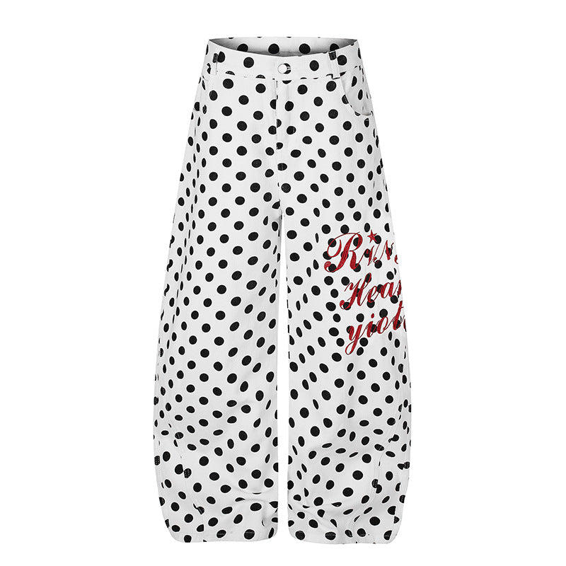 Women's Wide Culotte Jeans with Polka Dot, Balloon Shaped Hem and High Waist Mune Fashion