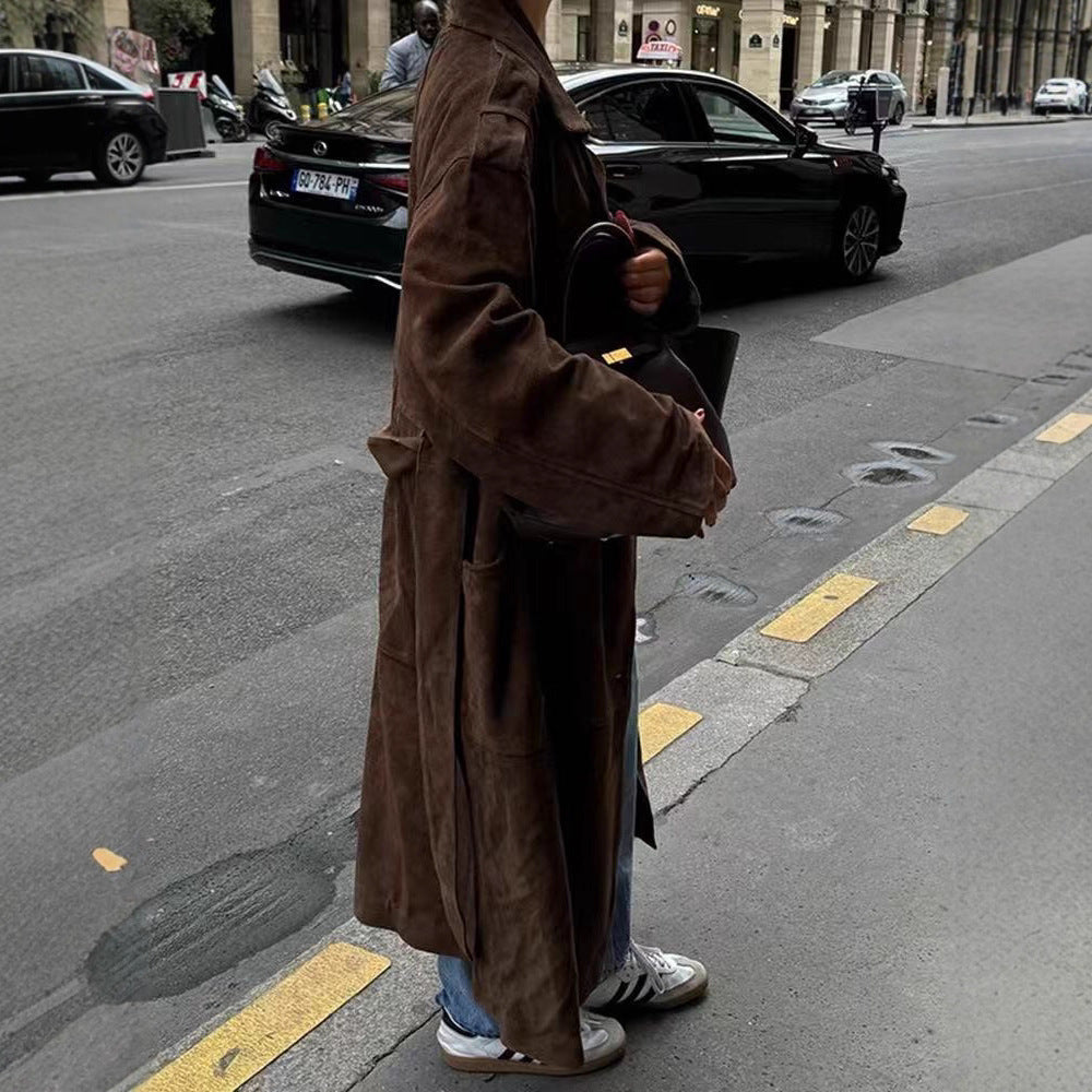 Women Mid-length Oversize Trench Coat made of Suede Look with double-breasted button placket, shoulder epaulets and tie belt Mune Fashion