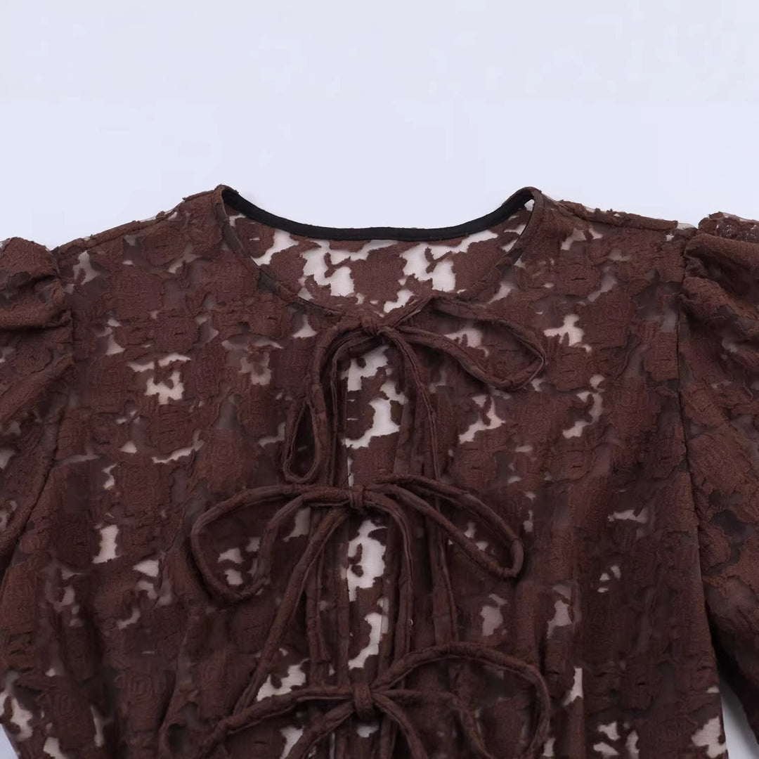 Ladies Transparent Lace Blouse with Front Ties and Ruffled Hem Mune Fashion