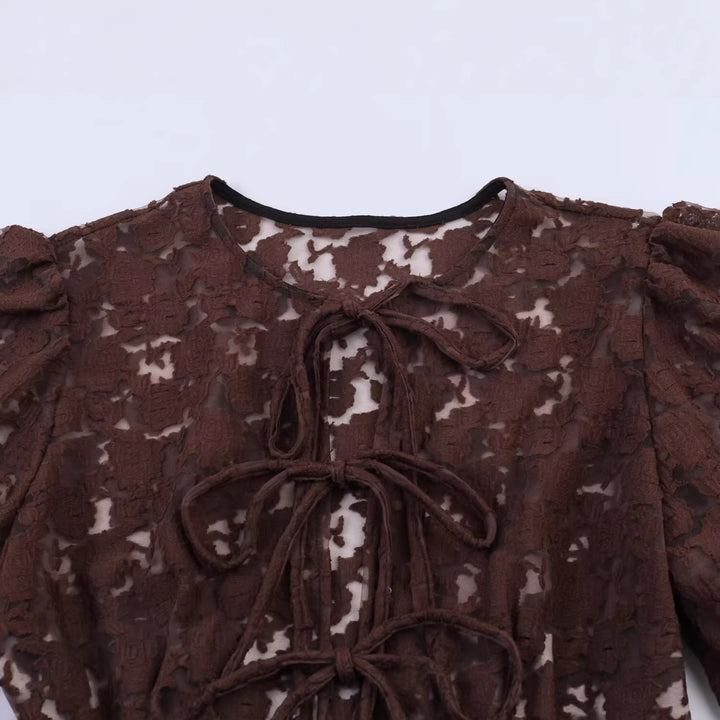 Ladies Transparent Lace Blouse with Front Ties and Ruffled Hem Mune Fashion