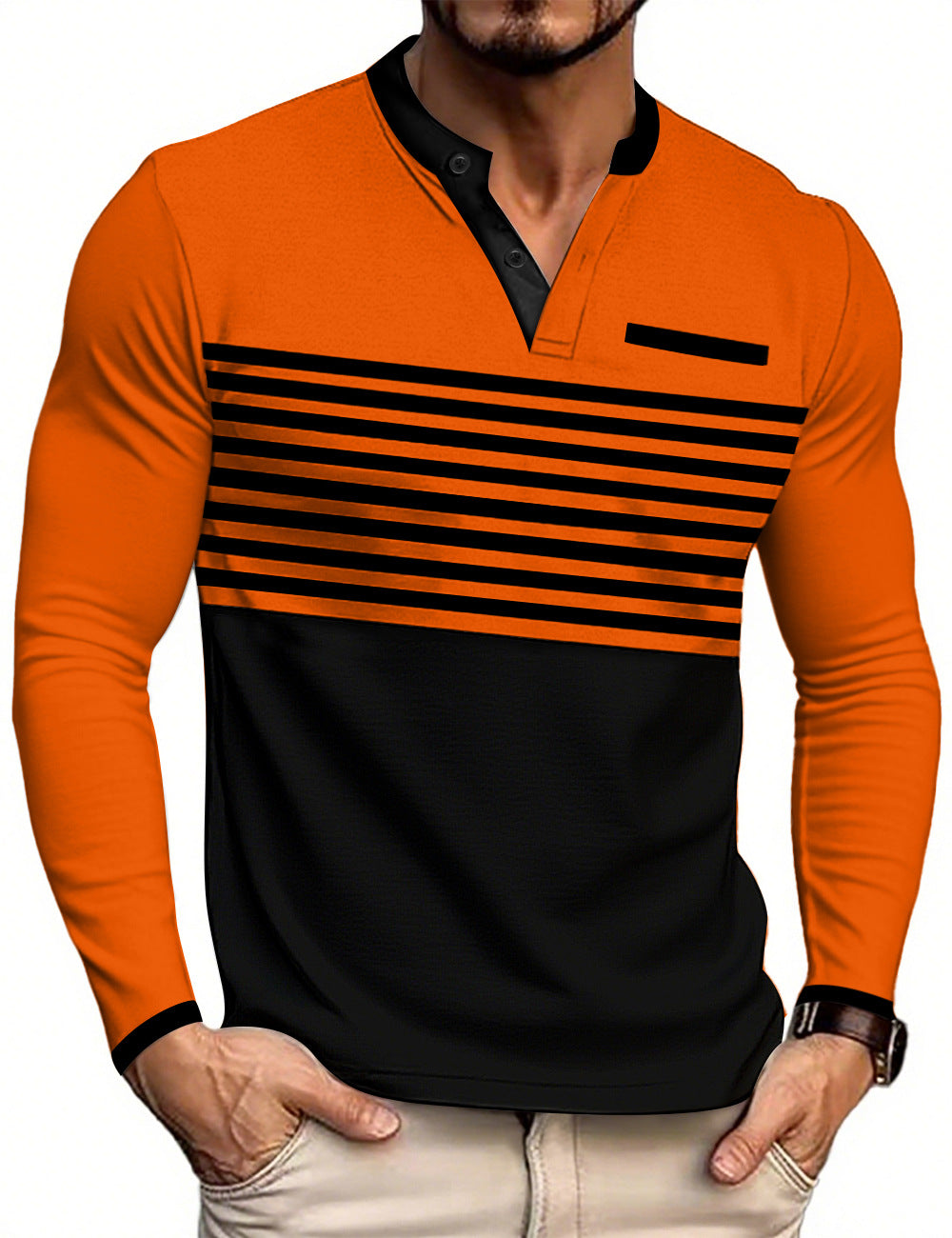 Men's modern long sleeve polo with Henley placket striped chest part and stand-up collar Mune Fashion