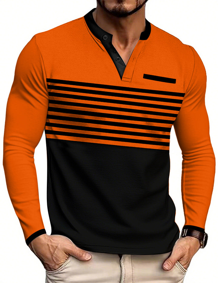 Men's modern long sleeve polo with Henley placket striped chest part and stand-up collar Mune Fashion