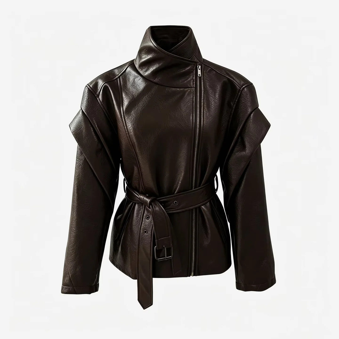 Women's fitted faux leather jacket with asymmetric zipper, high stand-up collar, and tie belt Mune Fashion