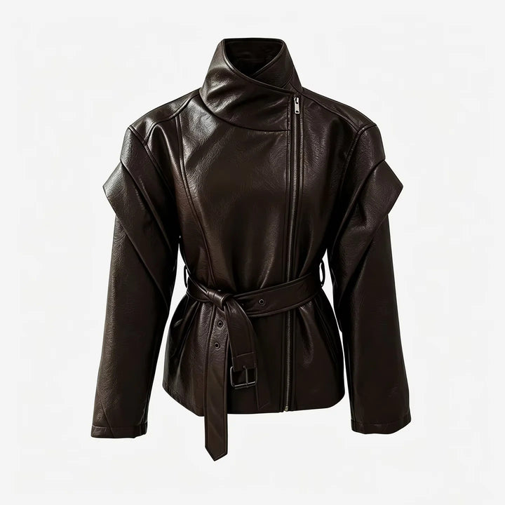 Women's fitted faux leather jacket with asymmetric zipper, high stand-up collar, and tie belt Mune Fashion