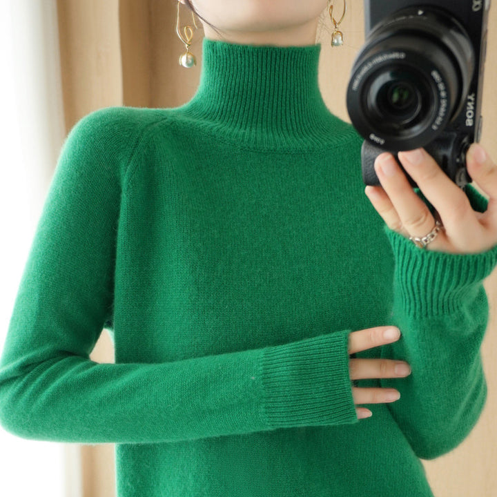 Women's Luxury Fine Knit Turtleneck Sweater with Thumbhole Cuffs and Feminine Shoulder Yoke Mune Fashion