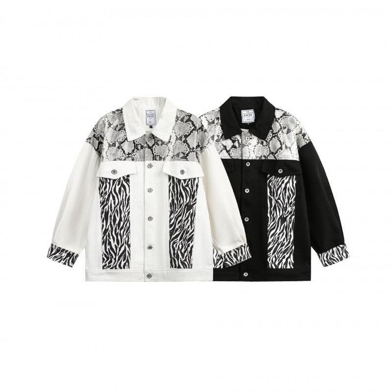 Women's Oversized Denim Jacket in Patchwork Animal Print with Notch Collar and Flap Pockets Mune Fashion