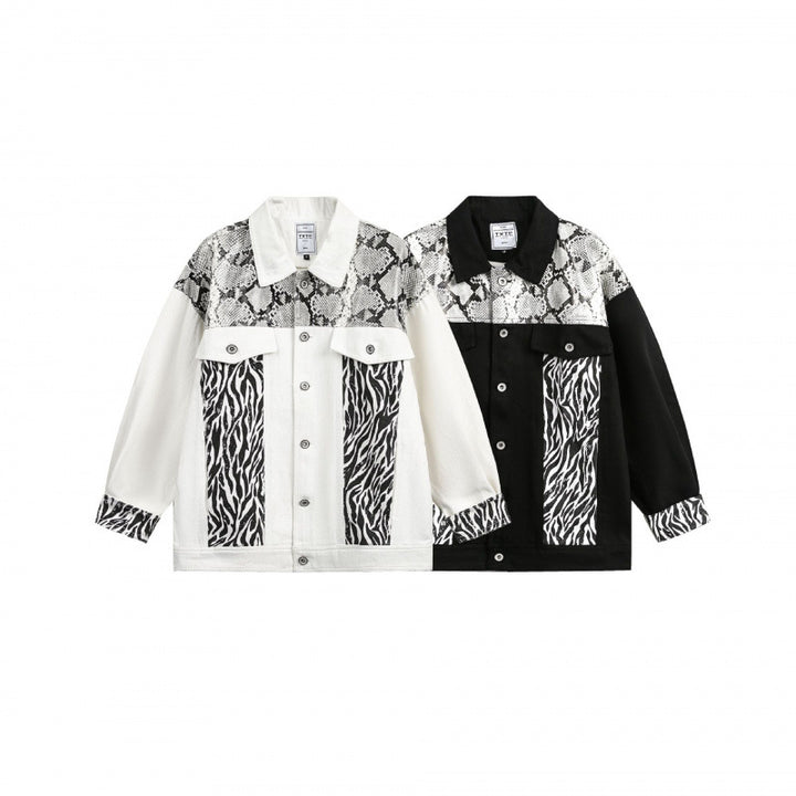 Women's Oversized Denim Jacket in Patchwork Animal Print with Notch Collar and Flap Pockets Mune Fashion