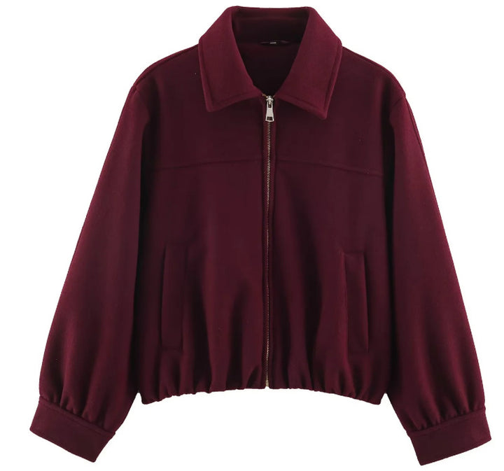 Women’s Short Cut Wool Bomber Jacket with Zipper and Elastic Hem Mune Fashion