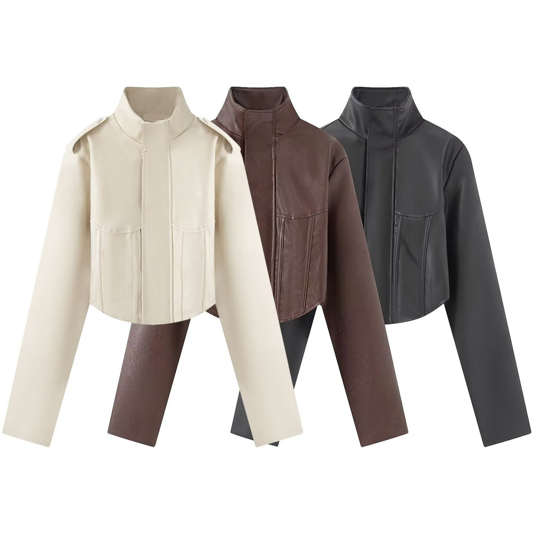 Women's Short Leather Look Jacket with Corset Seam and Stand-Up Collar Mune Fashion