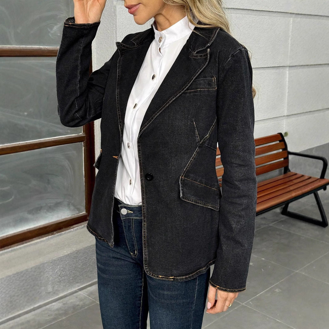 Women's tailored denim blazer with lapel collar and flap pockets Mune Fashion