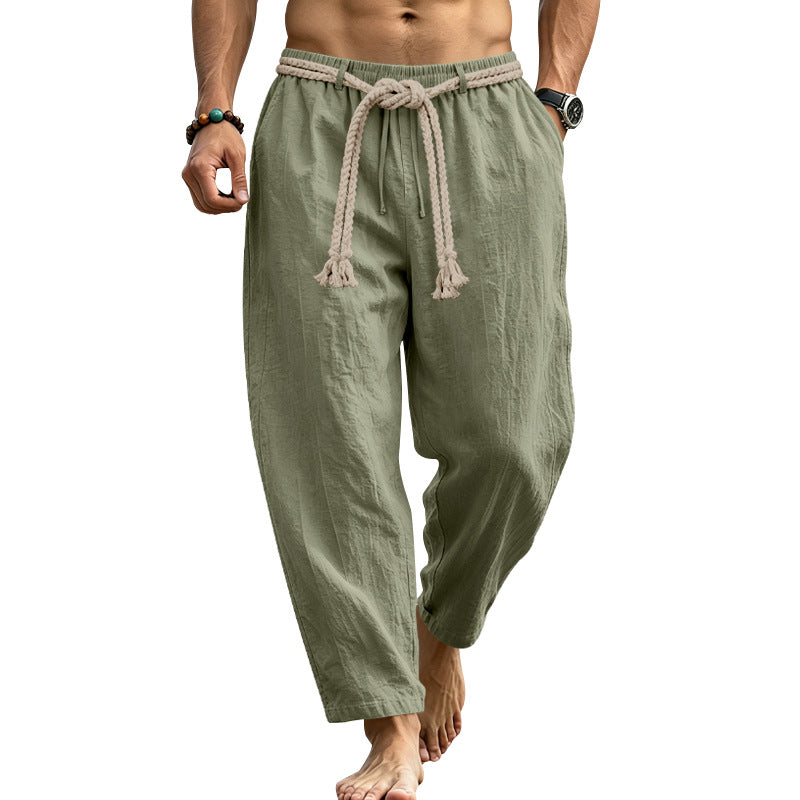 Men's Casual Linen Lounge Pants with Elastic Waistband, Decorative Rope Belt and Side Pockets Mune Fashion