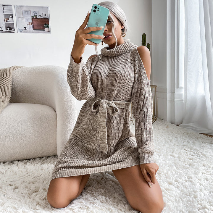 Women's knitted tunic dress with roll neck, cut-out shoulders, and tie belt Mune Fashion