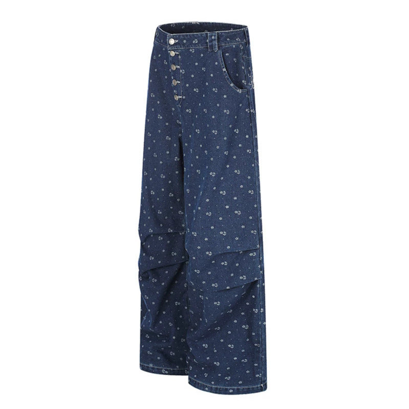 Women's High-Waist Culotte Jeans in Palazzo Cut with Visible Button Placket and Fine Floral Print Mune Fashion