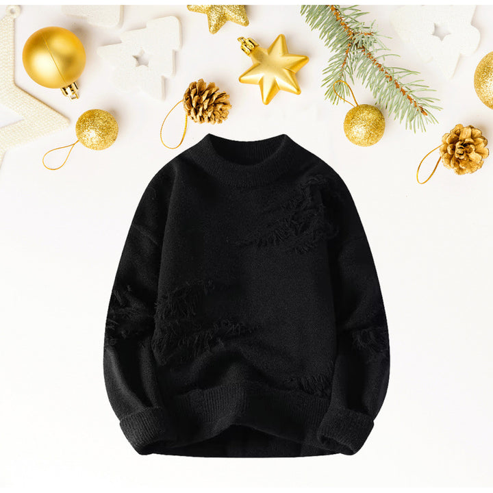 Women's Short Cut Cozy Knit Sweater with Fringe Inserts and High Collar Mune Fashion
