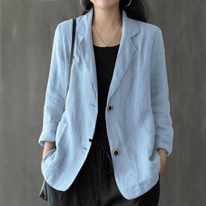Women's linen blazer in a casual style with a loose fit and patch pockets