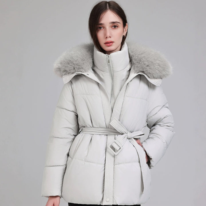 Women's Tailored Puffer Parka with Wrap Belt, High Stand-Up Collar and Voluminous Fur Collar Mune Fashion