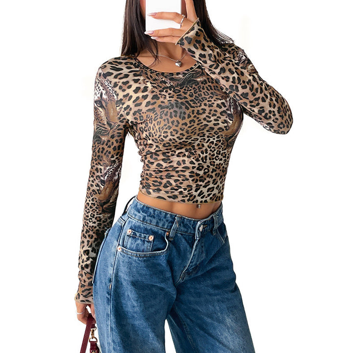 Women's Fitted Long Sleeve Crop Top with Leopard Print and Shaping Stretch Mune Fashion