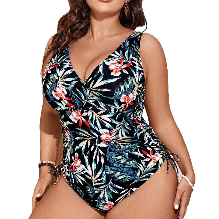Womens One-Piece Swimsuit with Floral Wrap Design and Figure-Shaping Gatherings Mune Fashion
