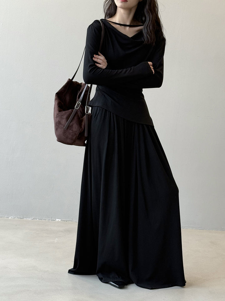 Women Two-Piece Jersey Set with Asymmetrical Waterfall Collar and Wide Maxi Skirt Mune Fashion