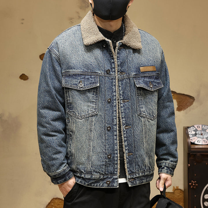 Men's Cozy Denim Jacket with Faux Fur Collar Mune Fashion