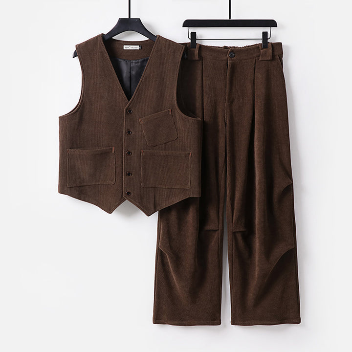 Men's Two-Piece Vest and Pleated Trousers Set in Modern Workwear Style Mune Fashion