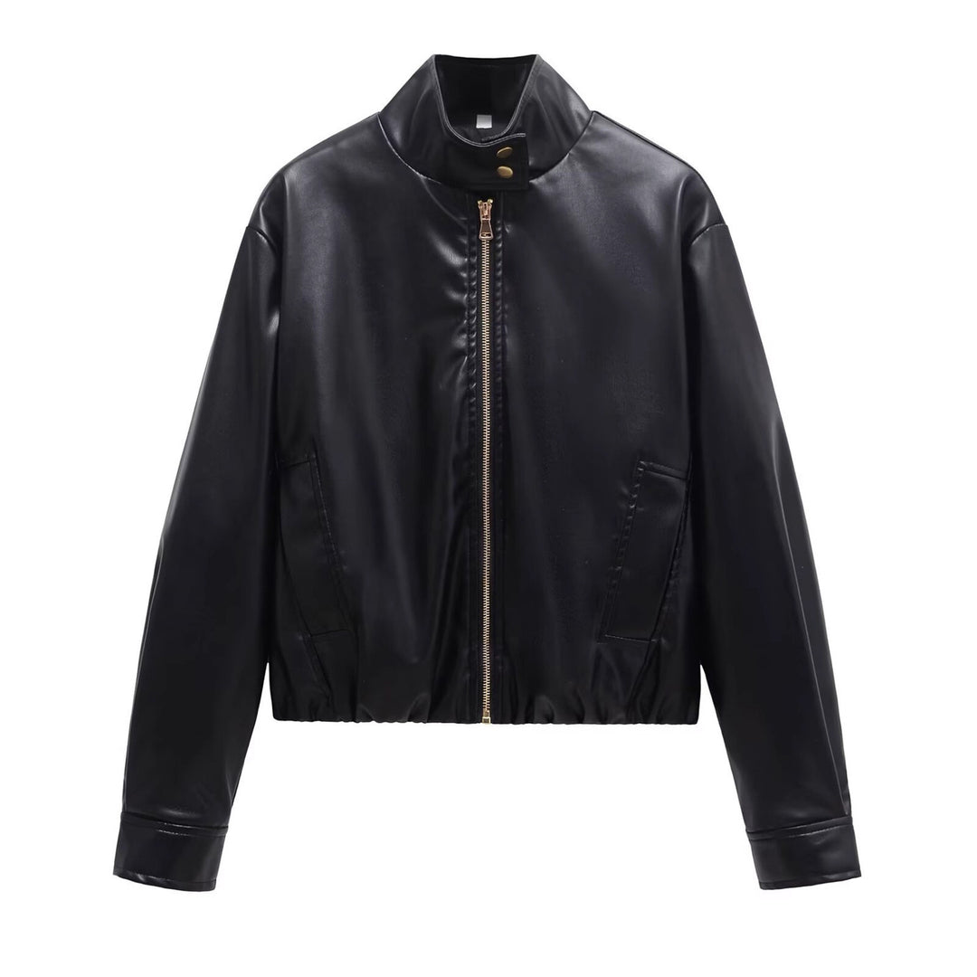 Ladies short cut faux leather bomber jacket with standing collar and zipper Mune Fashion