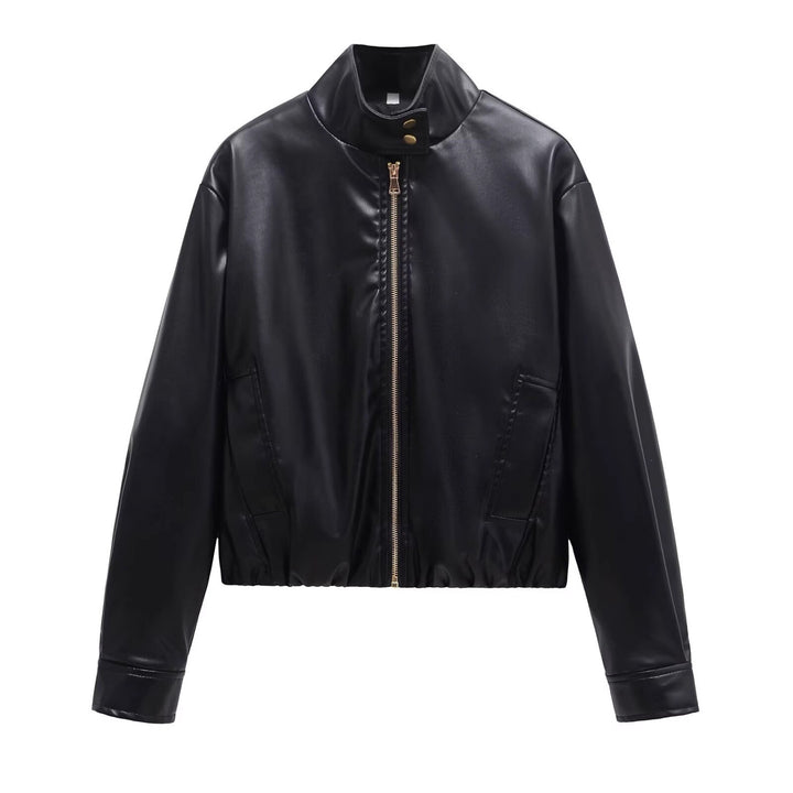 Ladies short cut faux leather bomber jacket with standing collar and zipper Mune Fashion
