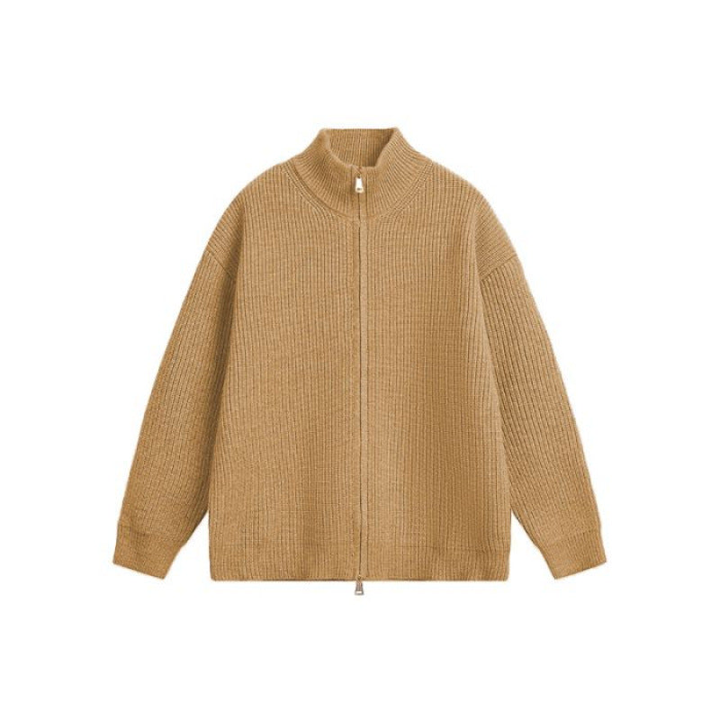 Unisex Oversized Knit Zip Jacket with Stand-Up Collar and Ribbed Cuffs Mune Fashion