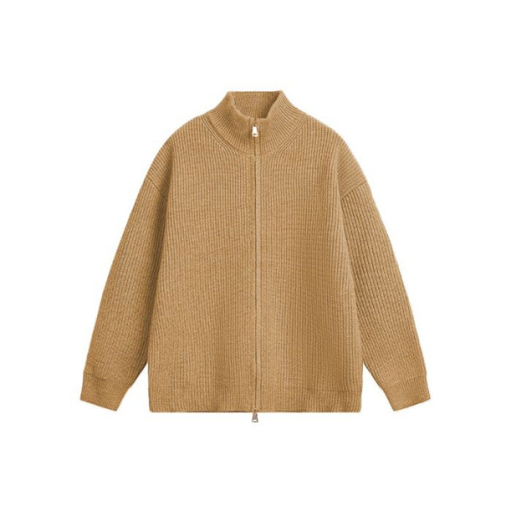 Unisex Oversized Knit Zip Jacket with Stand-Up Collar and Ribbed Cuffs Mune Fashion