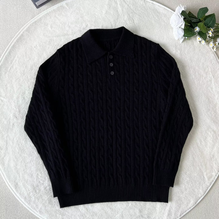 Men's Fashionable Knit Polo Shirt with Cable Pattern Mune Fashion