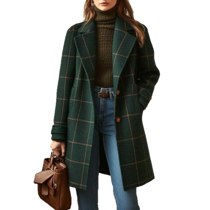 Women's checked wool blend coat with lapel collar, patch pockets, and tailored silhouette Mune Fashion