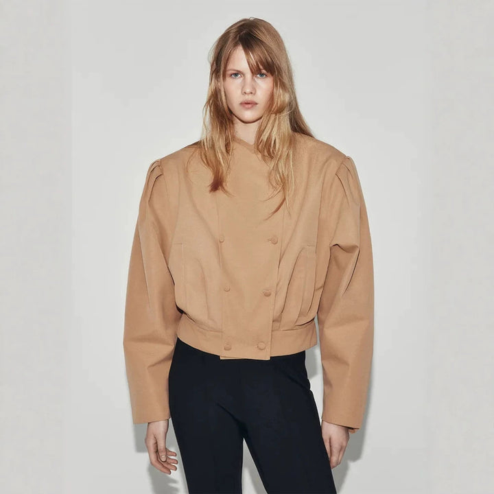 Women's short jacket in a boxy cropped cut with double button placket and structured shoulder pleats Mune Fashion