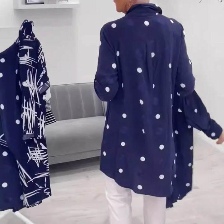 Women's light shirt-tunic with polka dot pattern, rolled sleeves, and wooden buttons Mune Fashion
